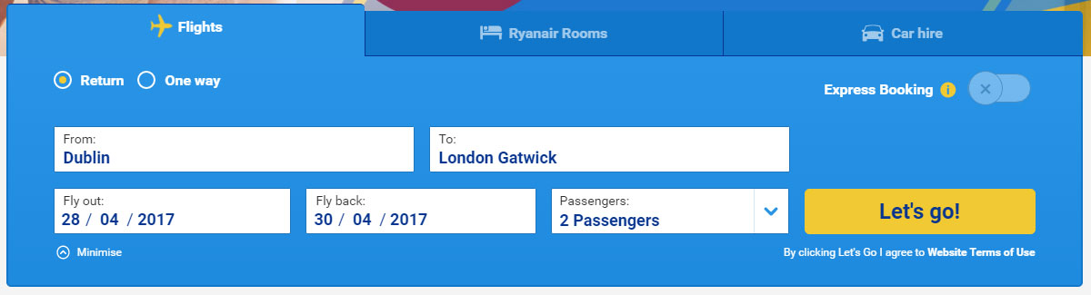 Ryanair's website search banner