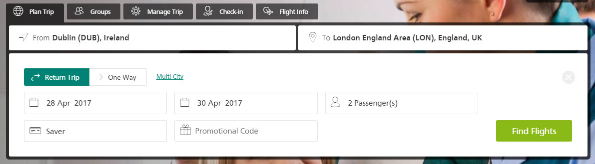 The Aer Lingus search banner
