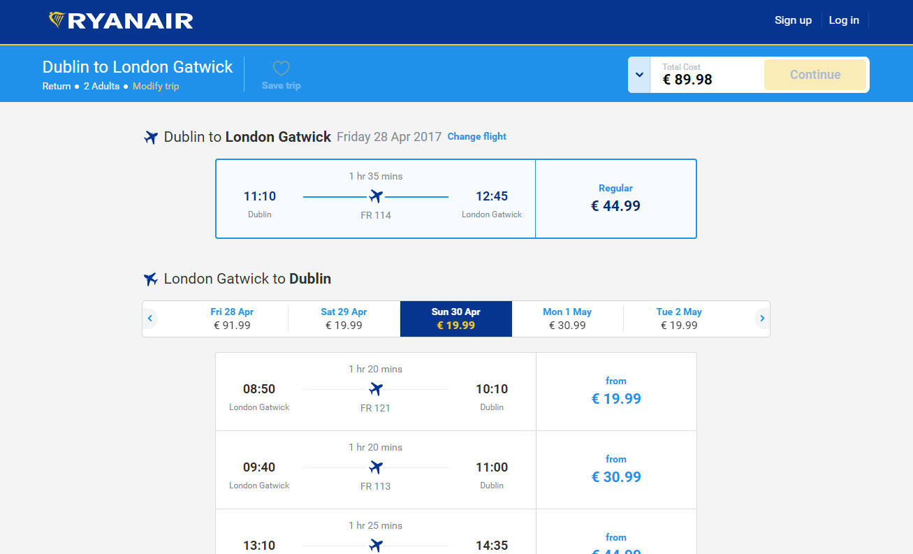 Ryanair’s flight selection interface