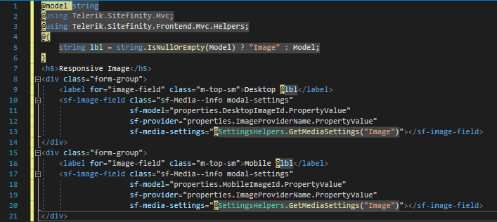Sitefinity - Under /MVC/Views/Shared we can create our partial view (“_ResponsiveImageSelector.cshtml”)