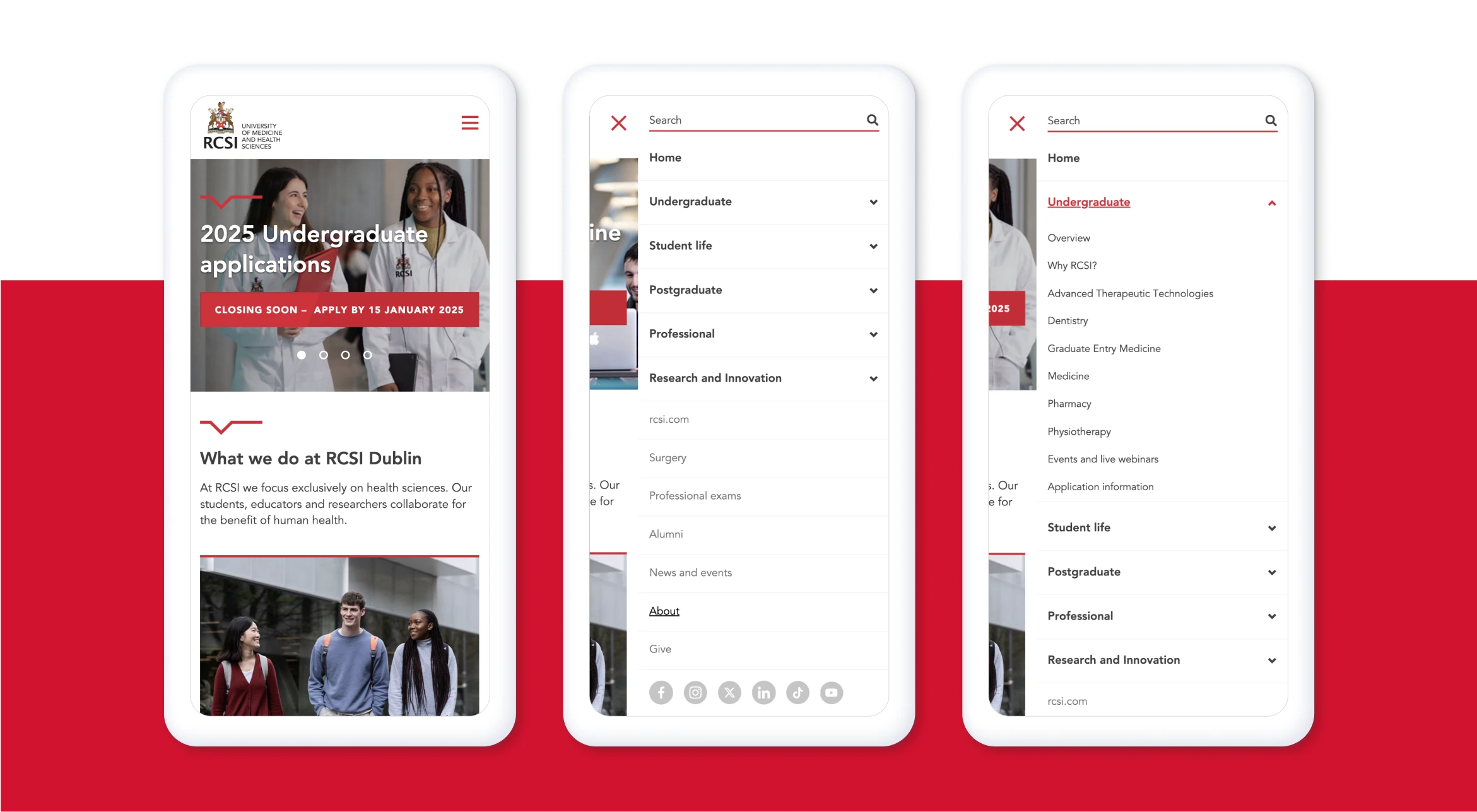 RCSI - Mobile design exploration for homepage and menu and behaviour